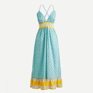 J. Crew V-neck Criss-Cross Maxi Dress in Block Print Aqua Saffron XL